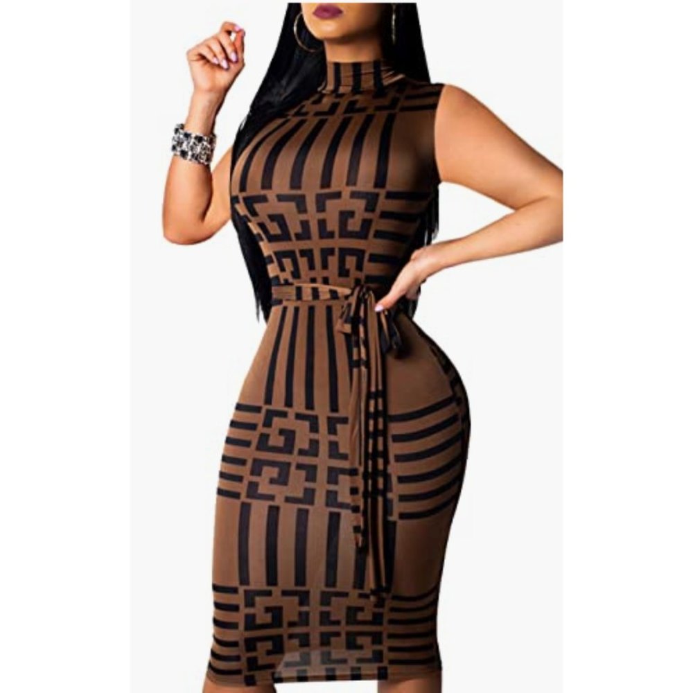 Greek Key Mock Neck Sleeveless Midi Dress